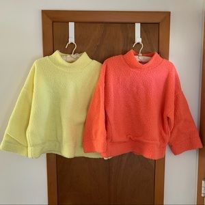 Women’s M GAP LOT Soft Yellow & Pink Reef Boxy Crop Drop Shld Nubby Sherpa Tops